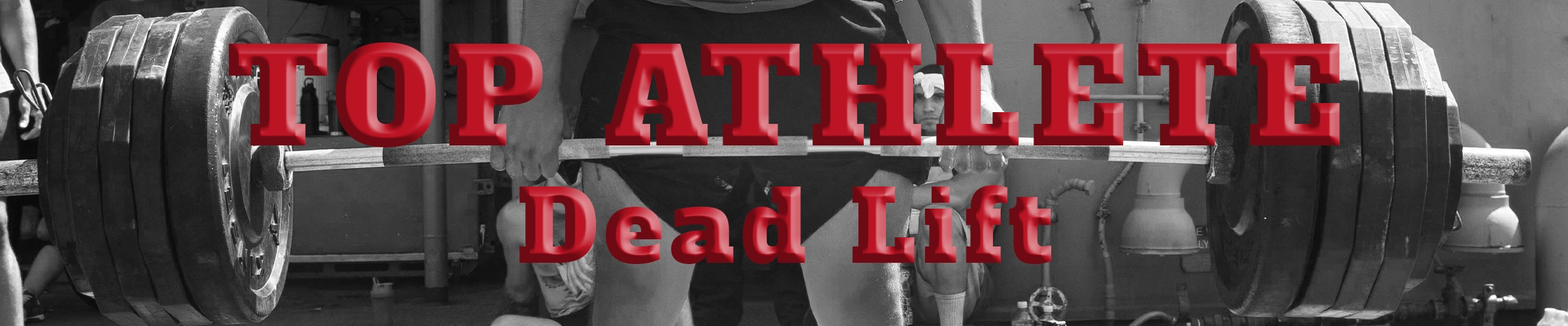 black and white photo of a gym with 3d text in red that says top athletes - bench press