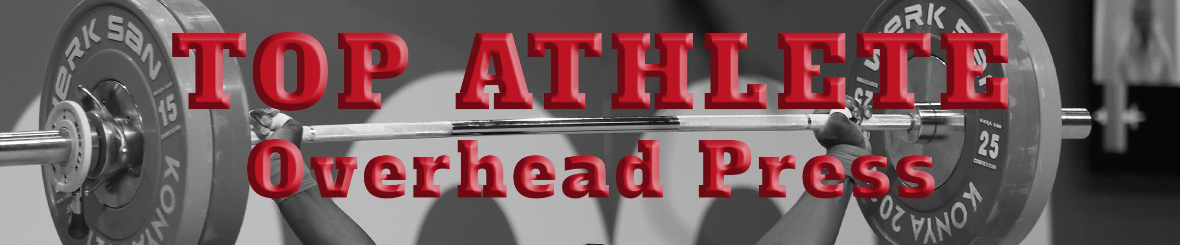 black and white photo of a gym with 3d text in red that says top athletes - bench press